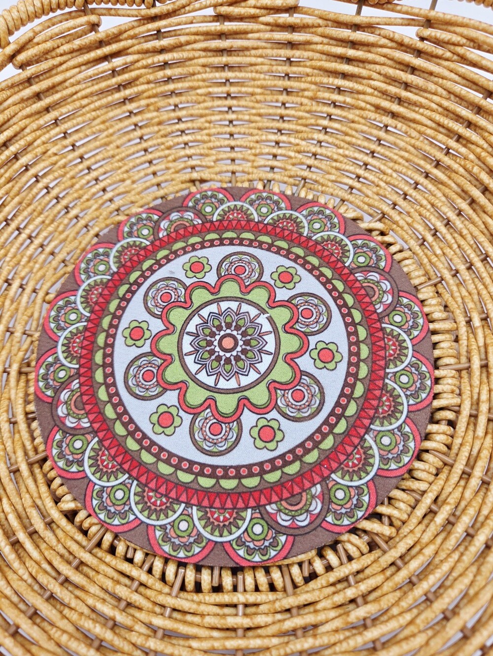 Woven Rattan Decorative Pedestal Bowl with Red & Green Medallion in the Center - Picture 4 of 5
